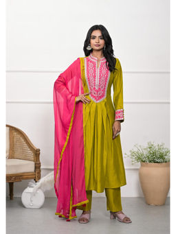 KAFTANIZE - Green Mirror Work Embroidered Anarkali Kurta & Pant with Dupatta (Set of 3)