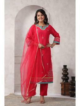 KAFTANIZE - Maroon Mirror Work Silk Blend Embroidered Kurta & Pant with Dupatta (Set of 3)