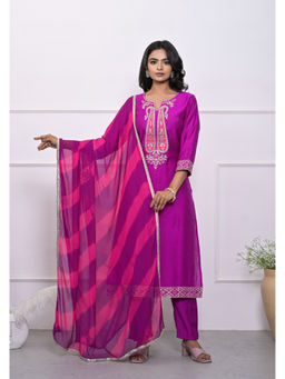 KAFTANIZE - Purple Paisley Work Silk Blend Embroidered Kurta & Pant with Dupatta (Set of 3)