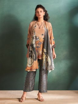 KAFTANIZE - Ochre Floral Muslin Diamond Detailed Kurta with Pant & Shrug (Set of 3)