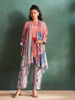 KAFTANIZE - Peach Floral Muslin Diamond Detailed Kurta with Pant & Shrug (Set of 3)