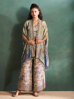 KAFTANIZE - Green Floral Muslin Cowrie-Detailed Kurta with Pant & Shrug (Set of 3)