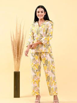 KAFTANIZE - Canary Yellow & Green Leaf Viscose Flex Print Tie-Front Co-Ord (Set of 2)