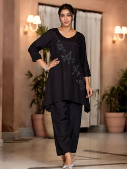 KAFTANIZE - Black Floral Motif Viscose Silk Co-Ord (Set of 2)