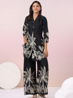 KAFTANIZE - Black Bold Palm Russian Silk Print Co-Ord (Set of 2)