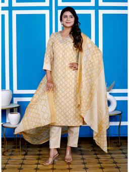 KAFTANIZE - Yellow Cotton Block Printed Kurta & Pant with Dupatta (Set of 3)