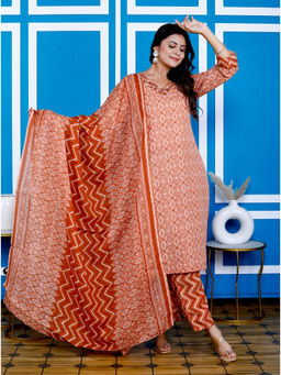 KAFTANIZE - Rust Botanical Print Embroidered Kurta & Pant with Dupatta (Set of 3)