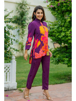 KAFTANIZE - Dark Purple Floral Crepe Abstract Mirror Work Co-Ord (Set of 2)