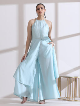 Swtantra - Air Skin Light Blue Halter Kurta with Pearls & Palazzo (Set of 2)