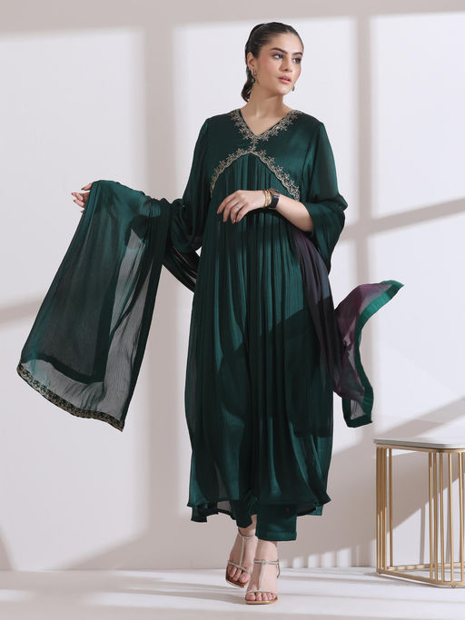 Swtantra Dual Shade Emerald Embroidery Anarkali Kurta with Pant & Dupatta (Set of 3)