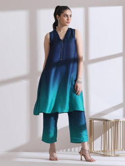 Swtantra - Green Blue Chiffon Satin Ombre Beaded Sleeveless Kurta with Pant (Set of 2)