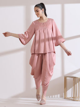 Swtantra - Pleated Pink Prft Lux Peplum Top with Beads & Dhoti Pant (Set of 2)