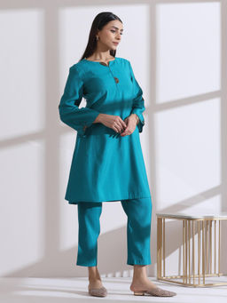Swtantra - Air Skin Aqua Blue with Bronze Beads Short Kurta & Pant (Set of 2)