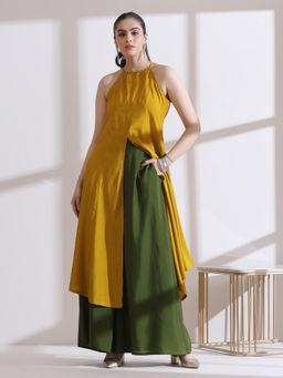 Swtantra - Air Skin Mustard with Bronze Beads Halter Kurta & Palazzo (Set of 2)