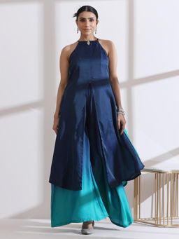 Swtantra - Green Blue Chiffon Satin Ombre Halter Kurta with Beads & Palazzo (Set of 2)