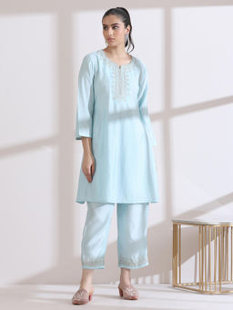 Swtantra - Air Skin Light Blue Kurta with Embroidery On Top & Pant (Set of 2)