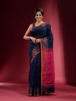 CHARUKRITI - Navy Blue with Zari Paisley Pattern Saree with Unstitched Blouse