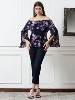 DEBONATELLA - Sequins Ruffle Navy Blue Top