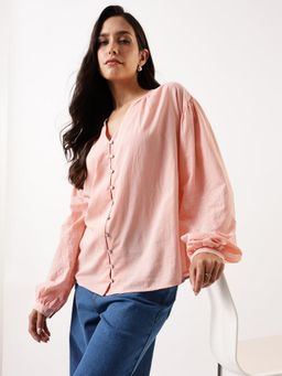 DL WOMAN - Floral Embroidered Round Neck Cotton Blouson Peach Top
