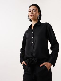 DL WOMAN - Solid Waist Tie-Ups Collar Shirt Style Black Top