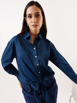 DL WOMAN - Solid Waist Tie-Ups Collar Shirt Style Blue Top
