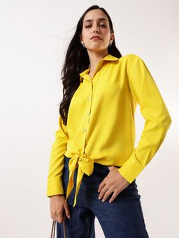 DL WOMAN - Solid Waist Tie-Ups Collar Shirt Style Mustard Top