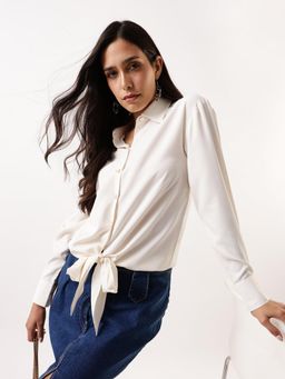 DL WOMAN - Solid Waist Tie-Ups Collar Shirt Style Off White Top