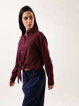 DL WOMAN - Solid Waist Tie-Ups Collar Shirt Style Wine Top