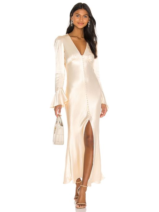 shona joy asymmetrical frill dress Shona Joy - Campbell Ruffle Draped Maxi Dress - Goji