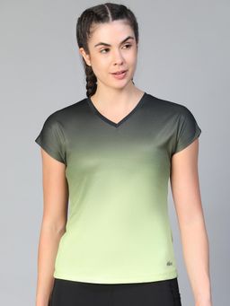 Athlisis - Women Printed V-Neck e-Dry Raw Edge Slim Fit T-Shirt - Green