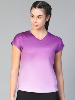 Athlisis - Women Printed V-Neck e-Dry Raw Edge Slim Fit T-Shirt - Purple