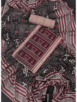 SALWAR STUDIO - Multi and Beige Embroidered Striped Block Print Cotton Unstitched Dress (Set of 3)