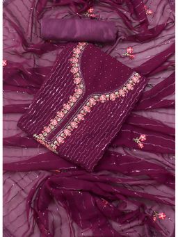SALWAR STUDIO - Wine Embellished Floral Georgette Unstitched Dress (Set of 3)