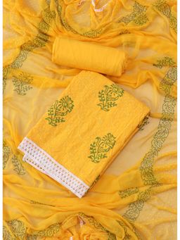 SALWAR STUDIO - Mustard Yellow Embroidered Floral Block Print Cotton Unstitched Dress (Set of 3)