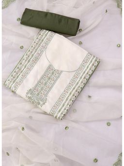 SALWAR STUDIO - White and Green Embroidered Floral Silk Unstitched Dress (Set of 3)