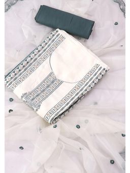 SALWAR STUDIO - White and Teal Embroidered Floral Silk Unstitched Dress (Set of 3)