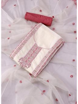 SALWAR STUDIO - White and Pink Embroidered Floral Silk Unstitched Dress (Set of 3)