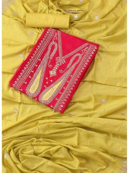 SALWAR STUDIO - Pink and Lemon Yellow Embroidered Paisley Silk Unstitched Dress (Set of 3)