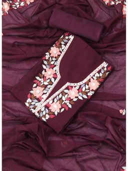 SALWAR STUDIO - Wine Embroidered Floral Silk Unstitched Dress (Set of 3)
