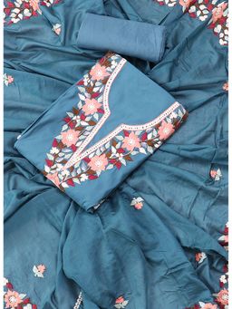 SALWAR STUDIO - Teal Blue Embroidered Floral Silk Unstitched Dress (Set of 3)