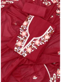 SALWAR STUDIO - Maroon Embroidered Floral Silk Unstitched Dress (Set of 3)