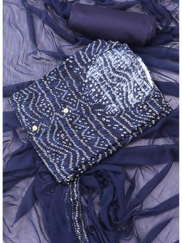 SALWAR STUDIO - Navy Blue Printed Bandhani Block Print Viscose Rayon Unstitched Dress (Set of 3)