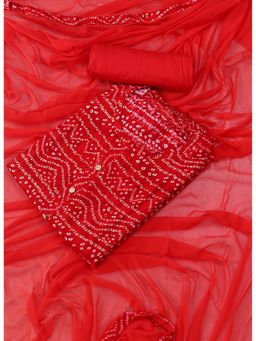 SALWAR STUDIO - Red Printed Bandhani Block Print Viscose Rayon Unstitched Dress (Set of 3)