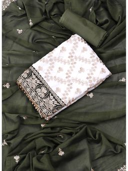 SALWAR STUDIO - White and Green Embroidered Floral Silk Georgette Unstitched Dress (Set of 3)