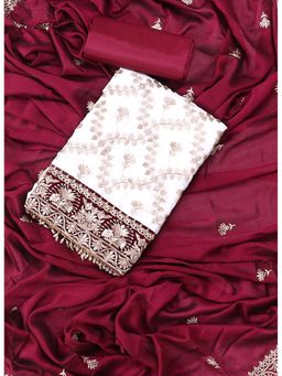 SALWAR STUDIO - White and Wine Embroidered Floral Silk Georgette Unstitched Dress (Set of 3)