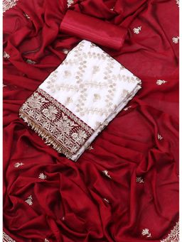 SALWAR STUDIO - White and Maroon Embroidered Floral Silk Georgette Unstitched Dress (Set of 3)