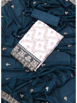 SALWAR STUDIO - White and Teal Green Embroidered Floral Silk Georgette Unstitched Dress (Set of 3)