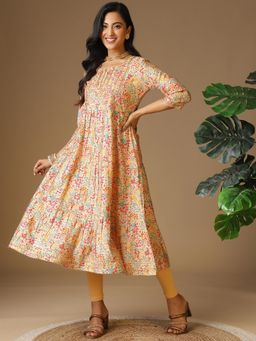 Rangita - Women Beige Chanderi Embroidered Tiered Flared Calf Length Kurta