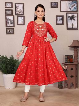 Rangita - Women Red Rayon Embroidered Anarkali Calf Length Kurta