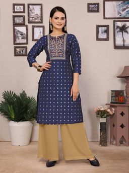 Rangita - Women Navy Blue Polyester Embroidered Straight Knee Length Kurta